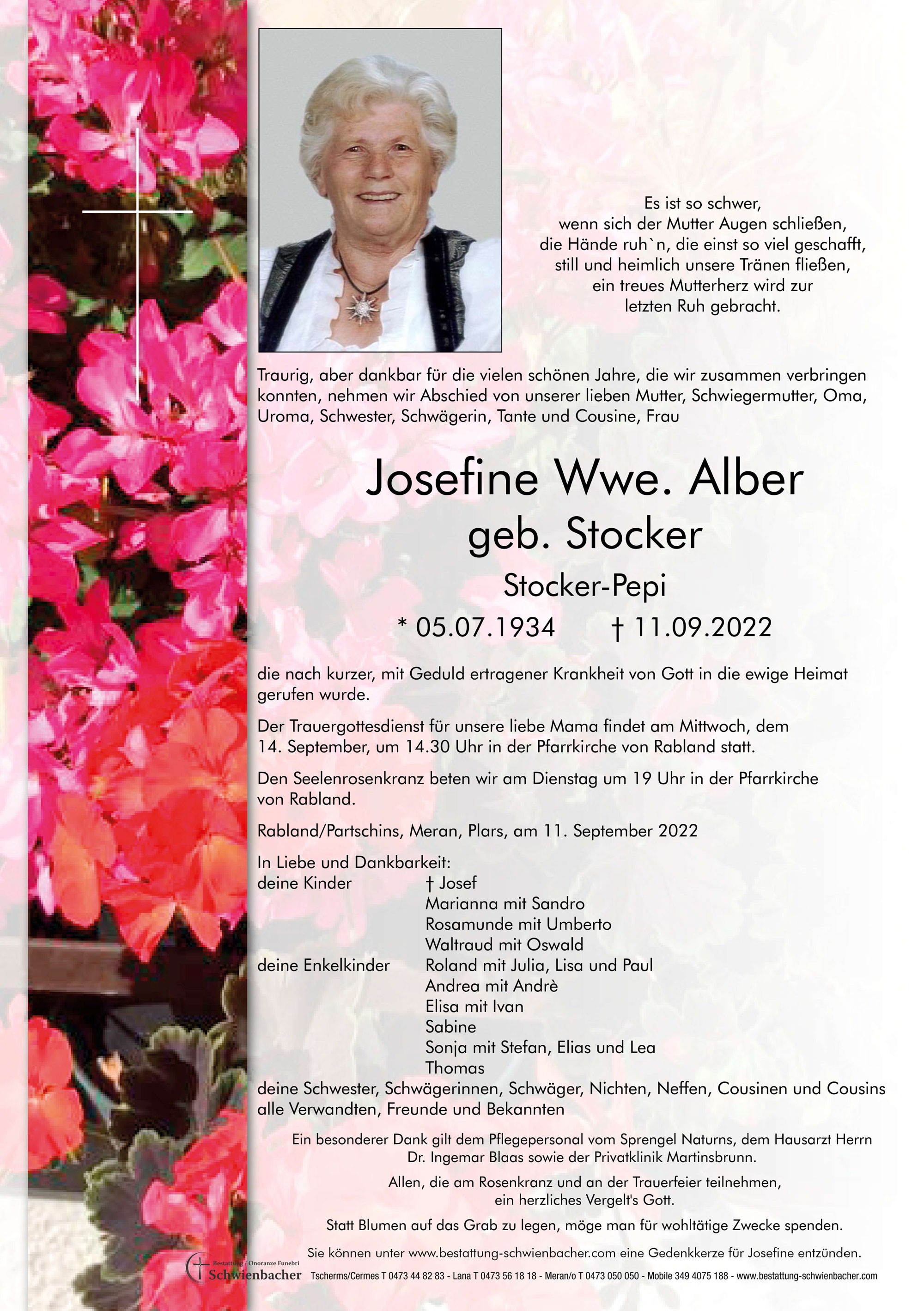 Parte: Josefine Wwe. Alber  geb. Stocker  