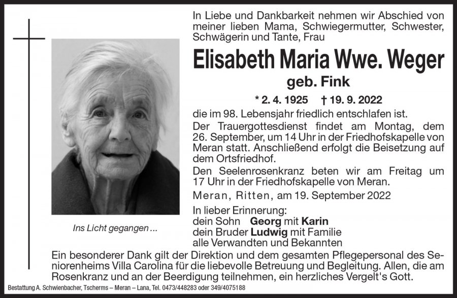Elisabeth Maria Wwe. Weger geb. Fink, Merano | Onoranze funebri ...