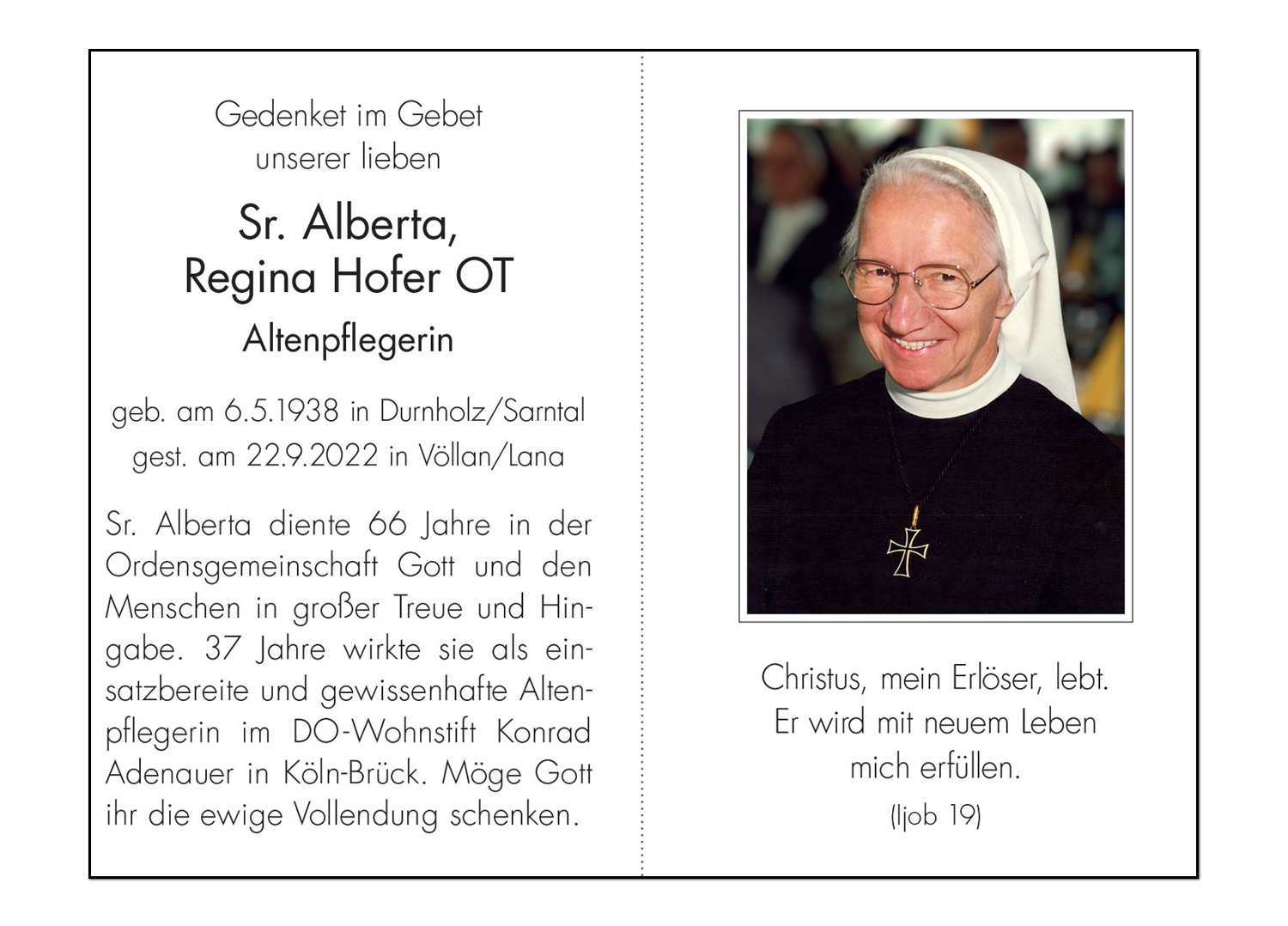 Sterbebild: Sr. Alberta Regina Hofer OT