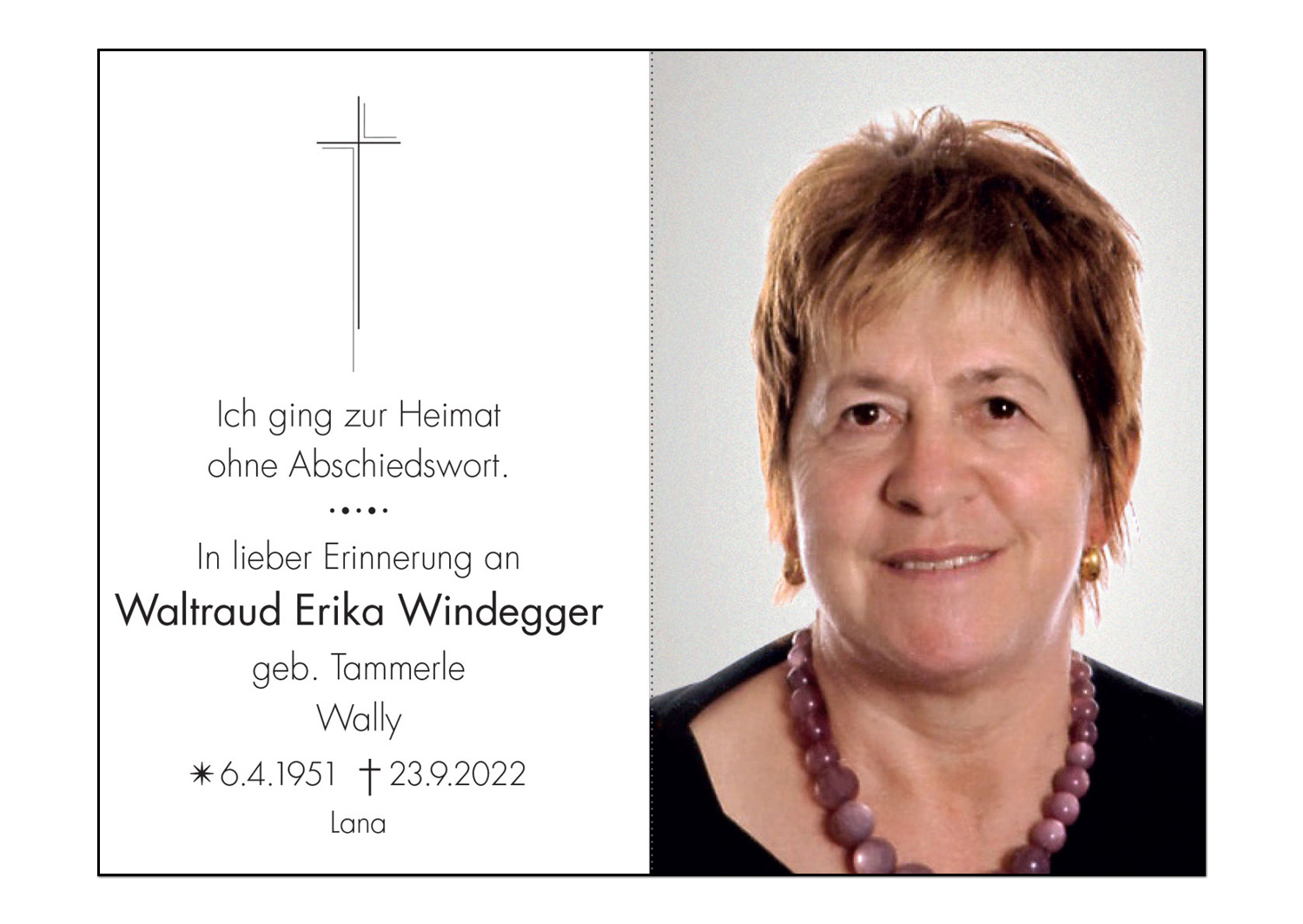 Sterbebild: Waltraud  Erika Windegger geb. Tammerle