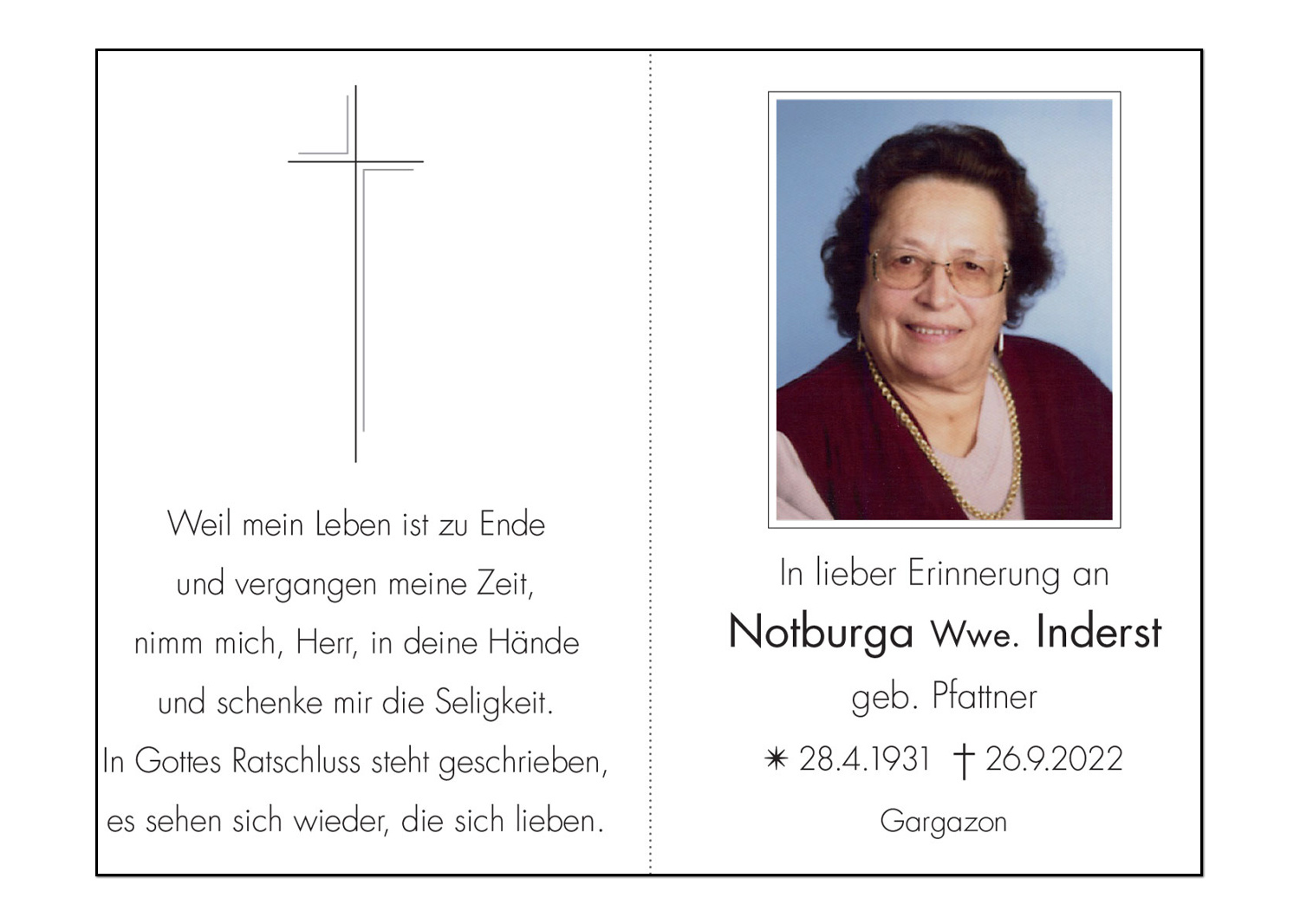 Sterbebild: Notburga Wwe. Inderst geb. Pfattner