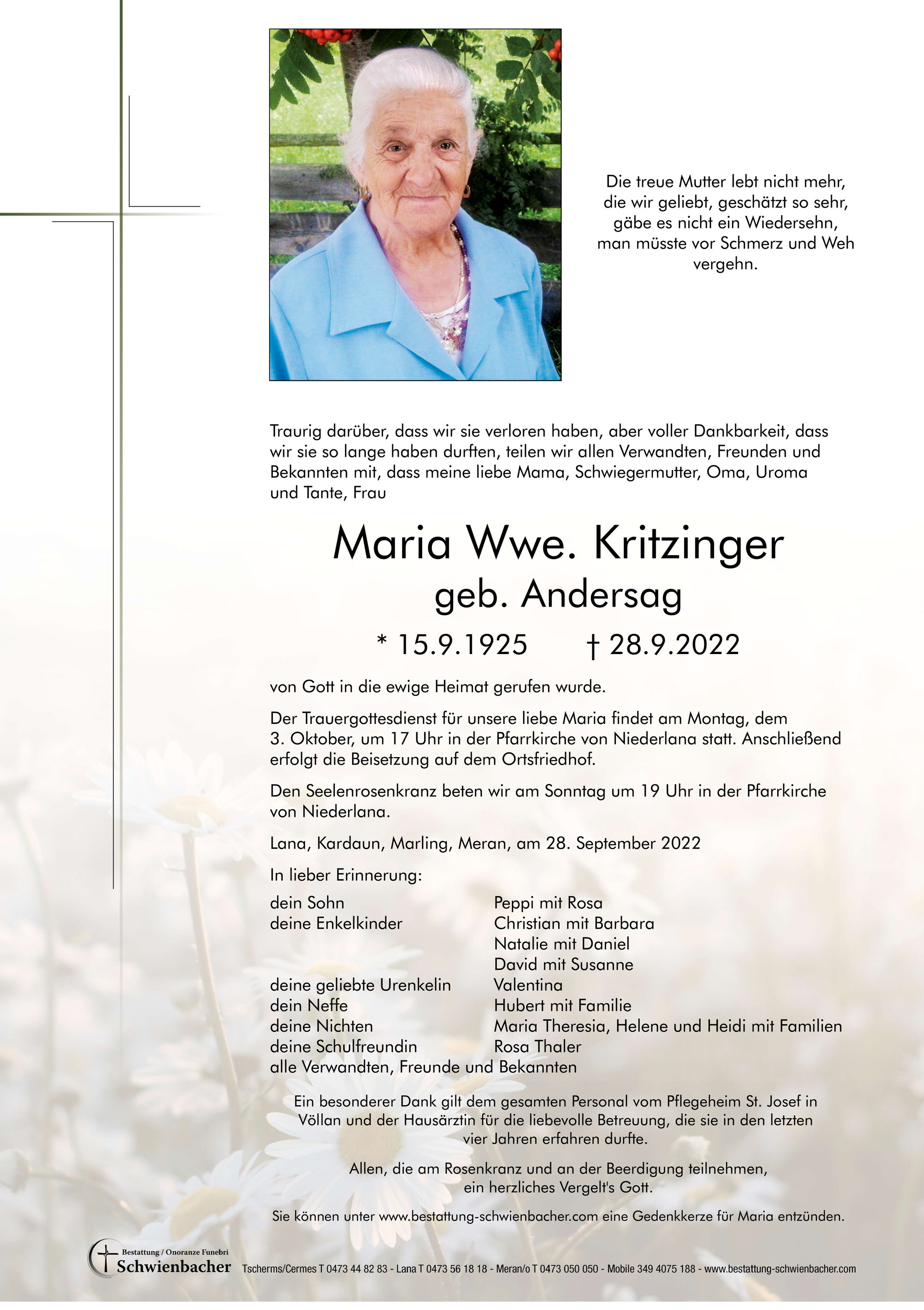 Parte: Maria Wwe. Kritzinger geb. Andersag 