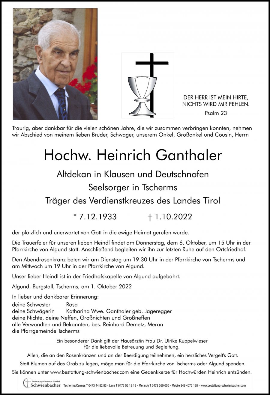 Parte: Hochw. Heinrich Ganthaler
