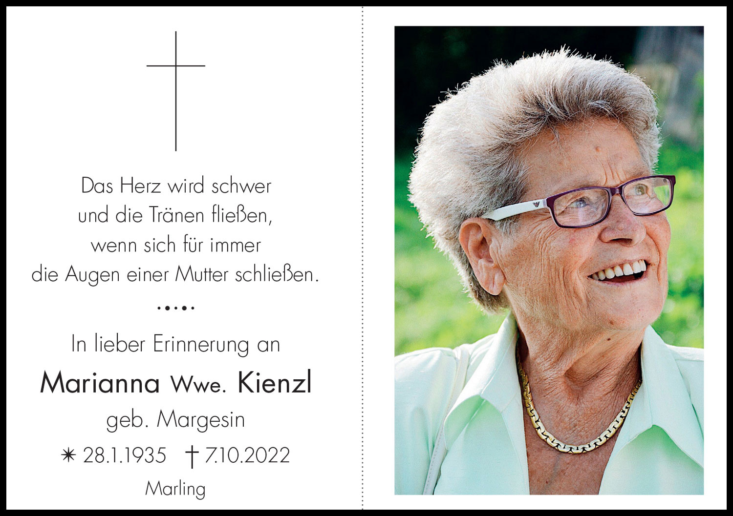 Sterbebild: Marianna Wwe. Kienzl geb. Margesin