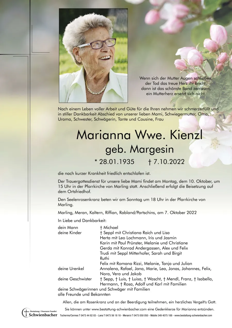 Parte: Marianna Wwe. Kienzl geb. Margesin