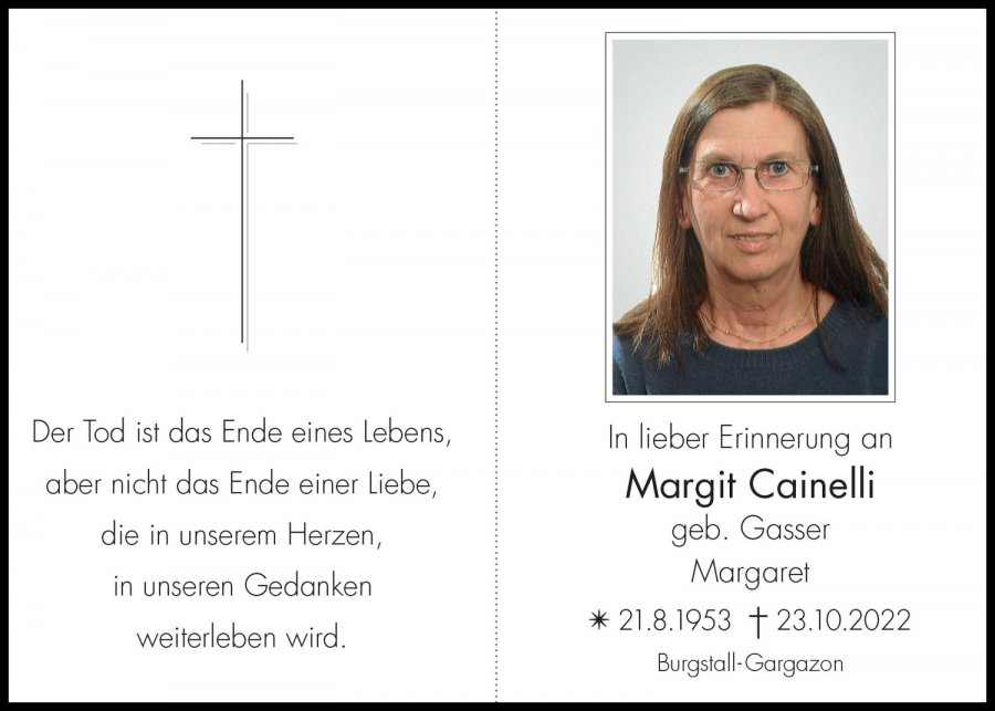 Sterbebild: Margit Cainelli geb. Gasser