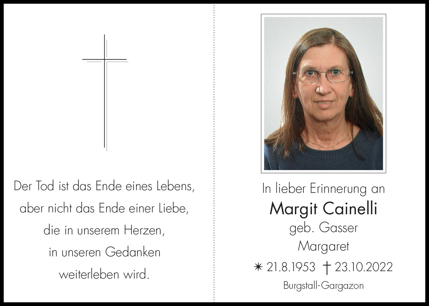 Sterbebild: Margit Cainelli geb. Gasser