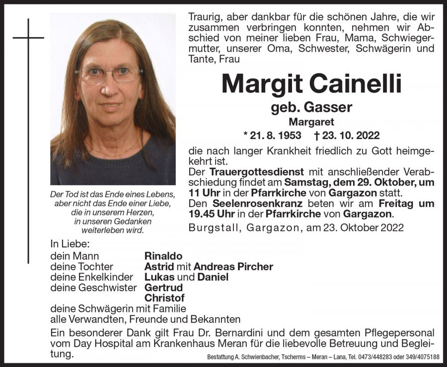 Medien: Margit Cainelli geb. Gasser