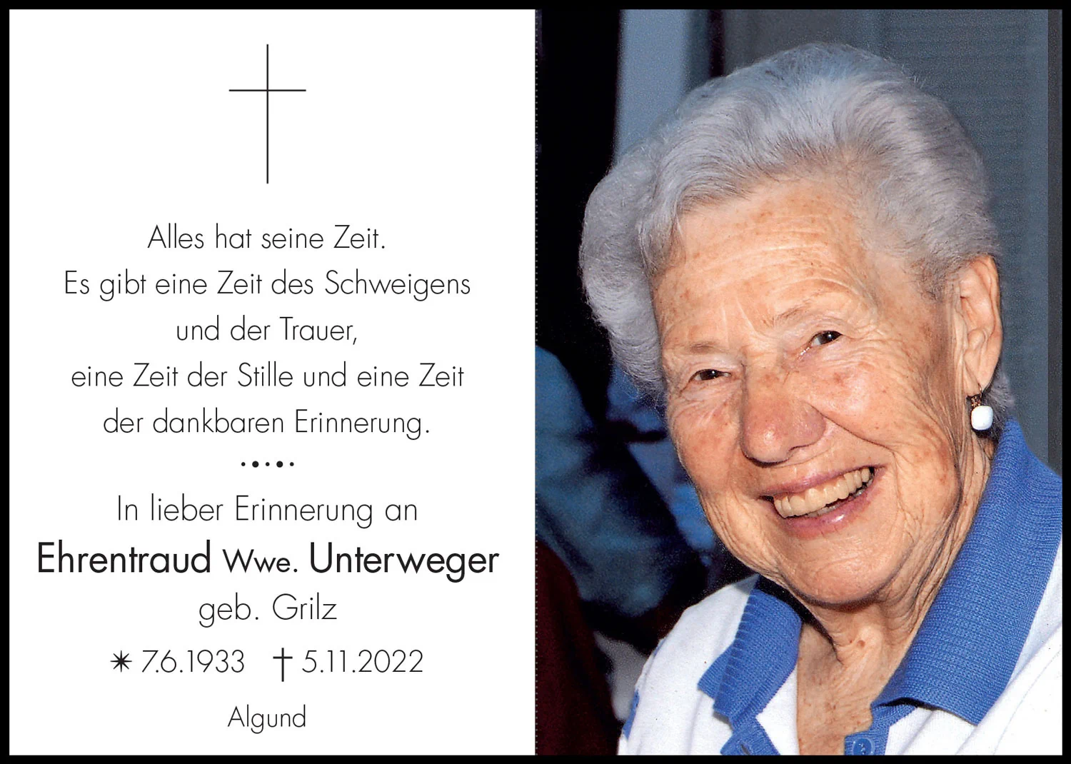 Sterbebild: Ehrentraud Wwe. Unterweger geb. Grilz