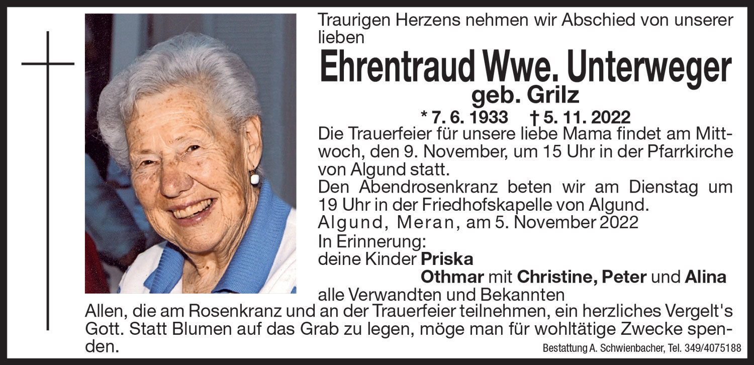 Medien: Ehrentraud Wwe. Unterweger geb. Grilz