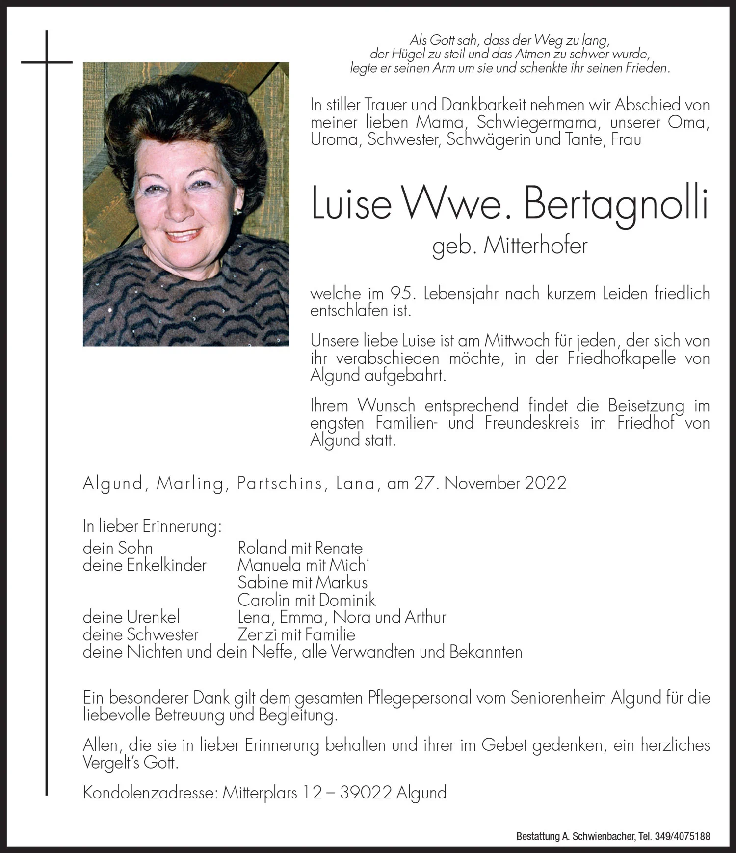 Medien: Luise Wwe. Bertagnolli geb. Mitterhofer
