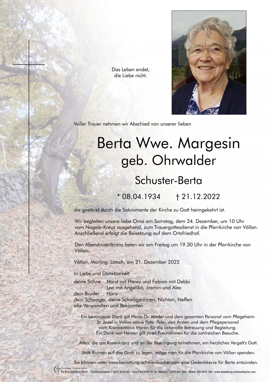 Parte: Berta Wwe. Margesin geb. Ohrwalder