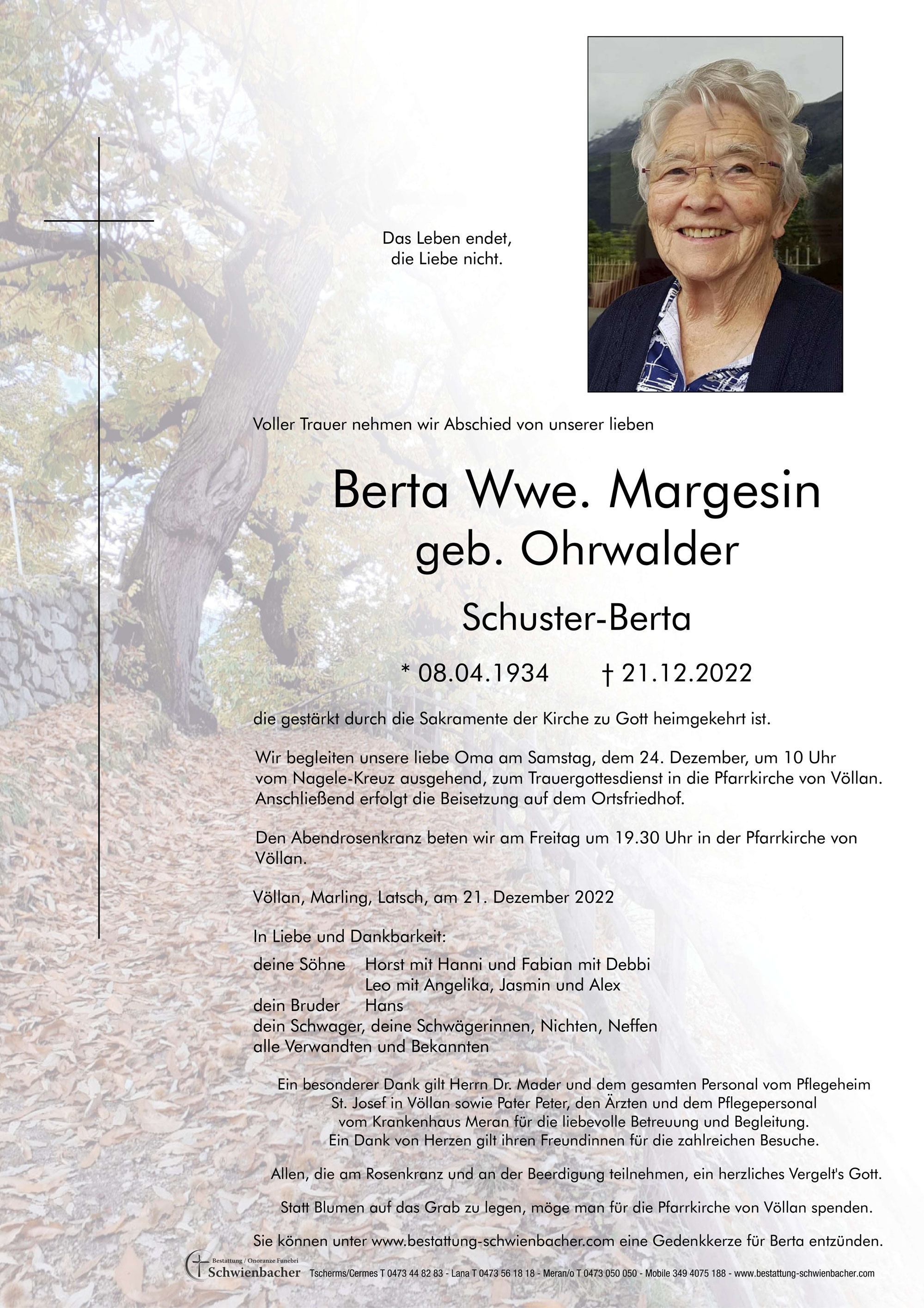 Parte: Berta Wwe. Margesin geb. Ohrwalder 