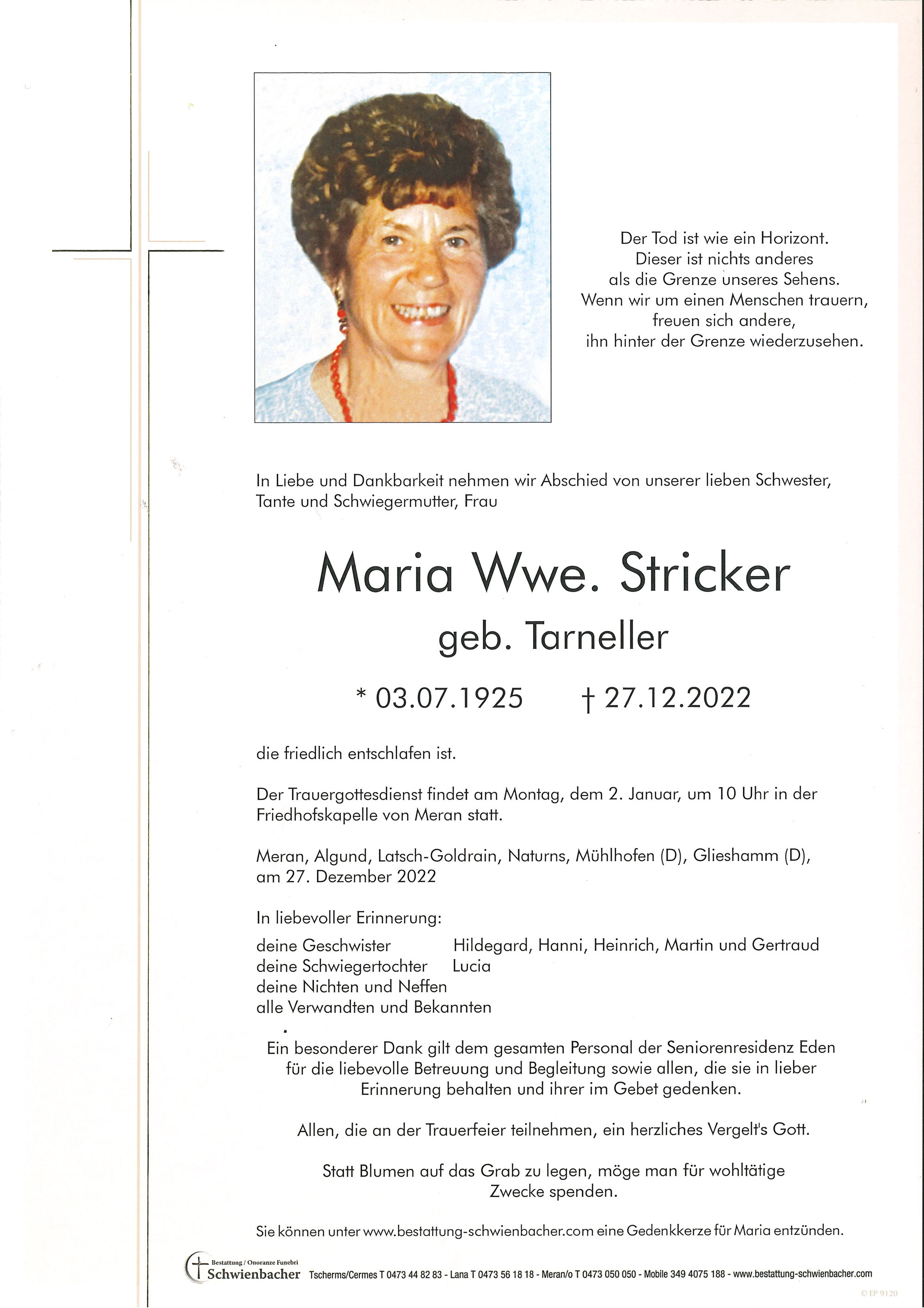 Parte: Maria Wwe. Stricker geb. Tarneller 