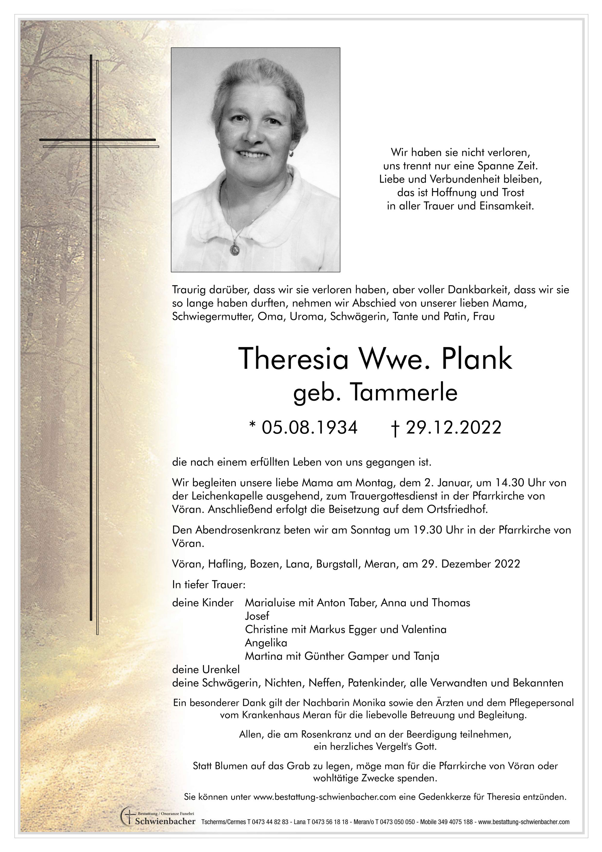 Parte: Theresia Wwe. Plank  geb. Tammerle 