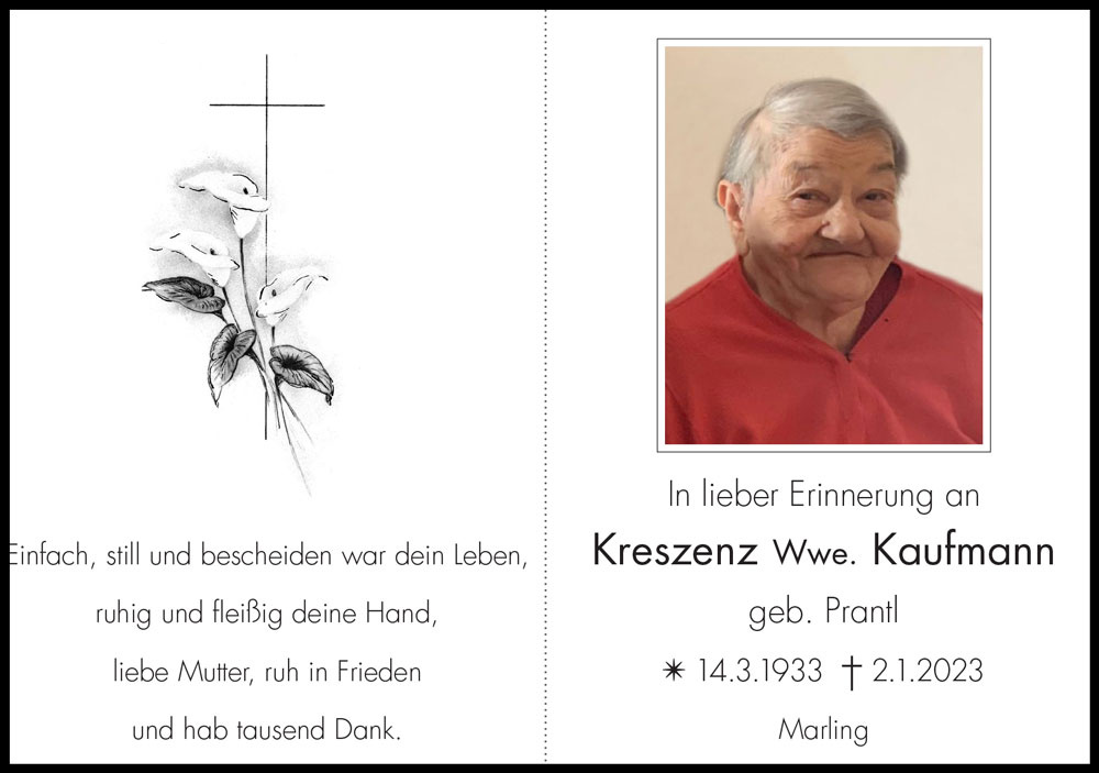 Sterbebild: Kreszenz Wwe. Kaufmann geb. Prantl