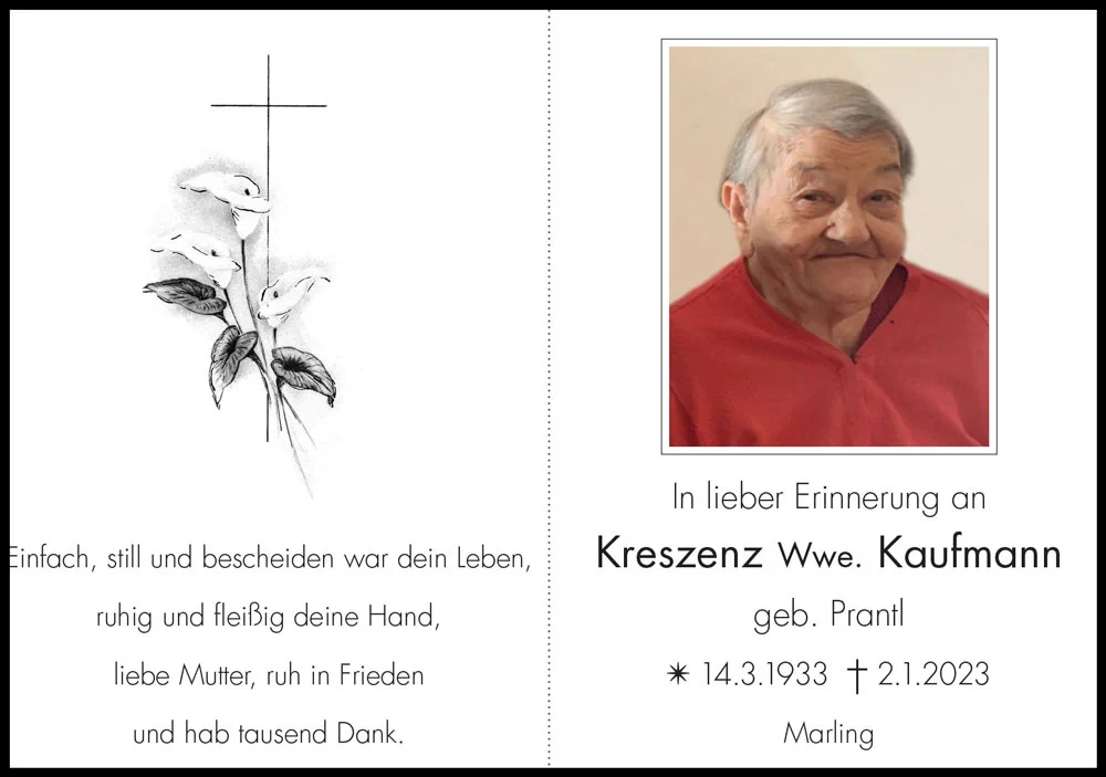 Sterbebild: Kreszenz Wwe. Kaufmann geb. Prantl