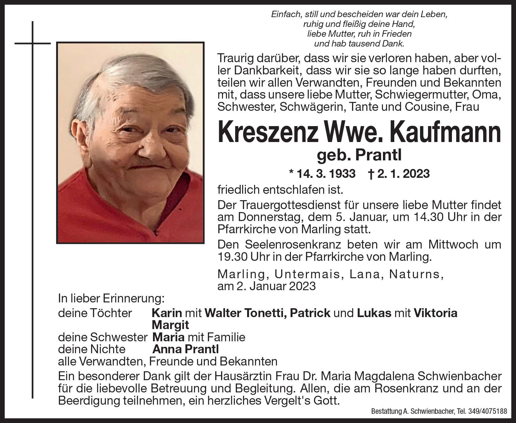 Medien: Kreszenz Wwe. Kaufmann geb. Prantl