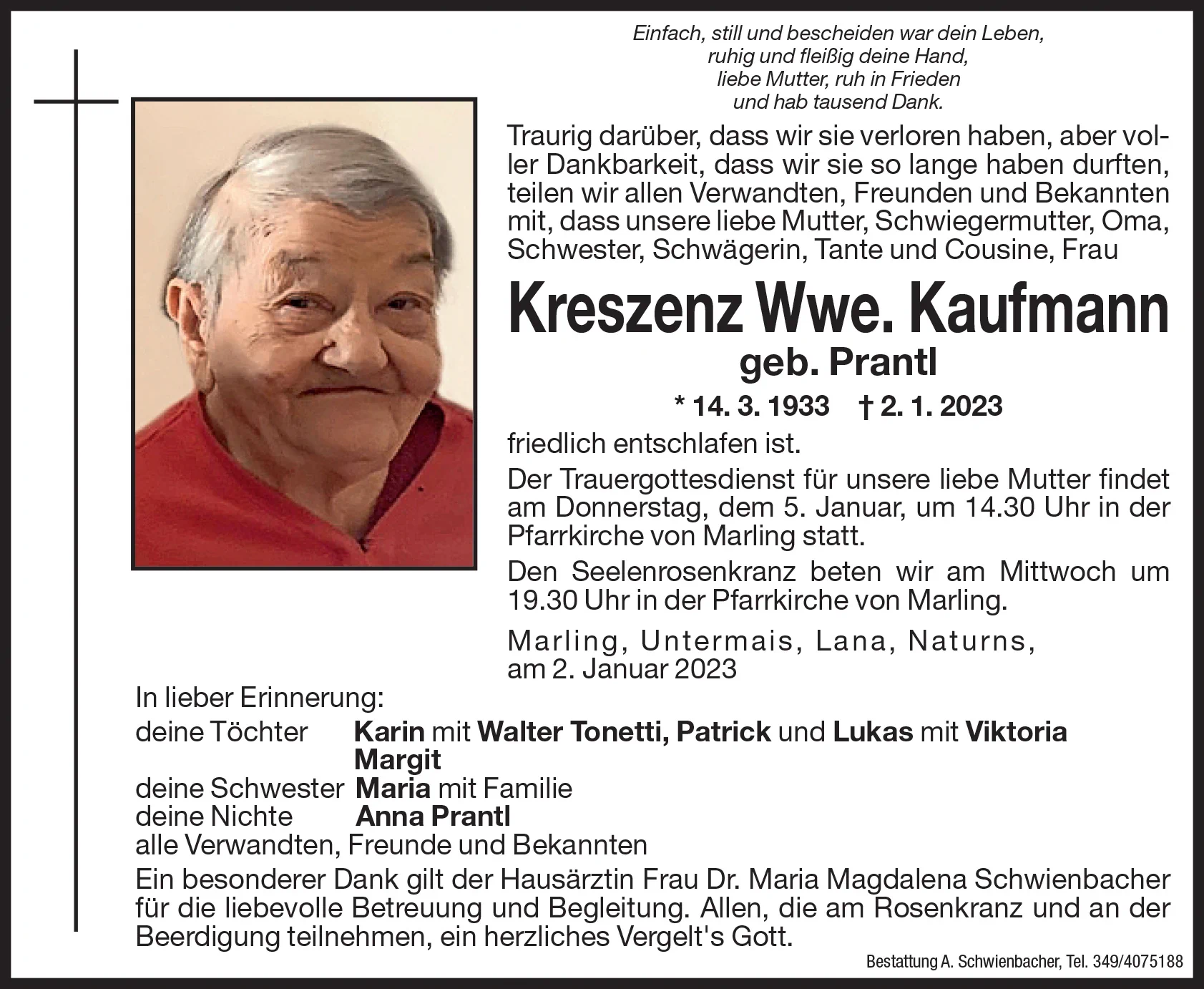 Medien: Kreszenz Wwe. Kaufmann geb. Prantl