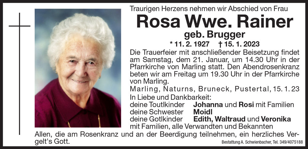 Medien: Rosa Wwe. Rainer geb. Brugger