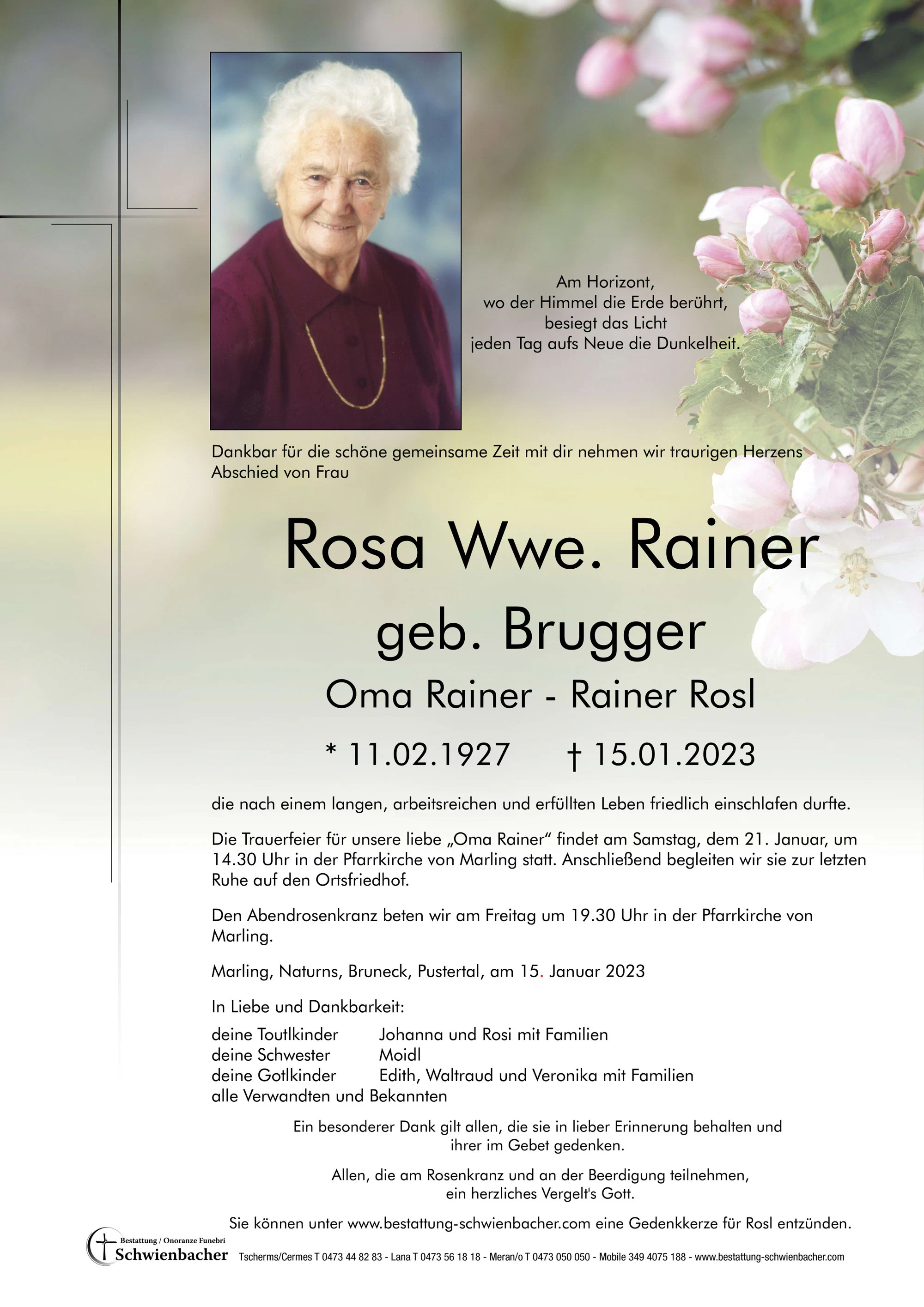 Parte: Rosa Wwe. Rainer geb. Brugger