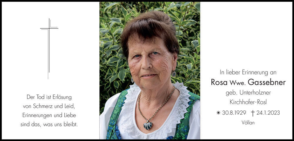 Sterbebild: Rosa Wwe. Gassebner geb. Unterholzner