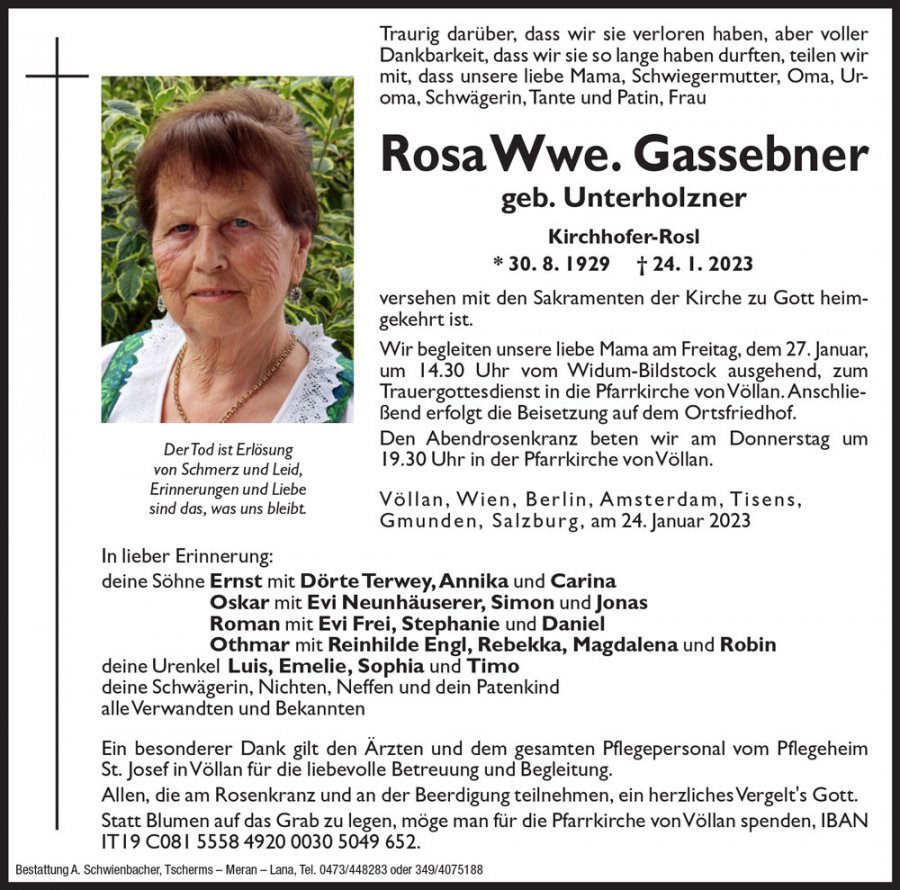 Medien: Rosa Wwe. Gassebner geb. Unterholzner
