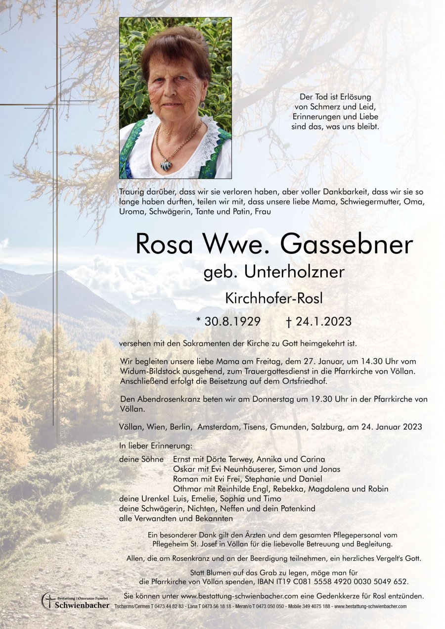 Parte: Rosa Wwe. Gassebner geb. Unterholzner