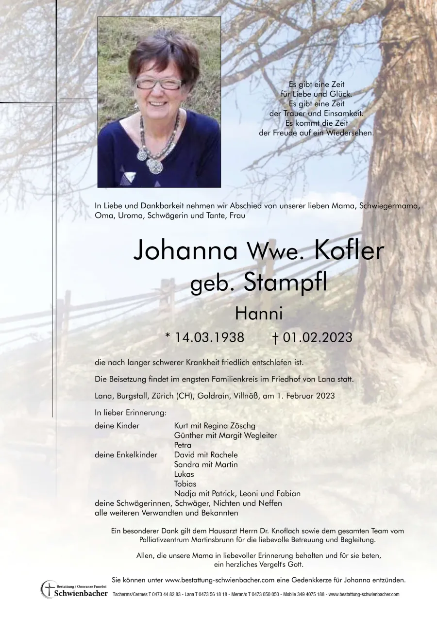 Parte: Johanna Wwe. Kofler geb. Stampfl