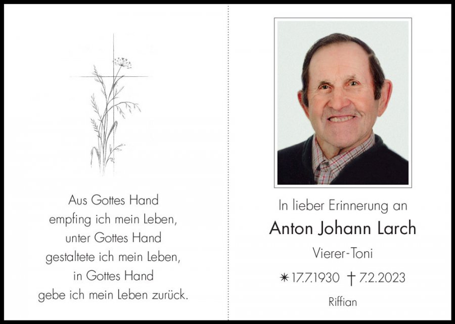 Sterbebild: Anton Johann Larch