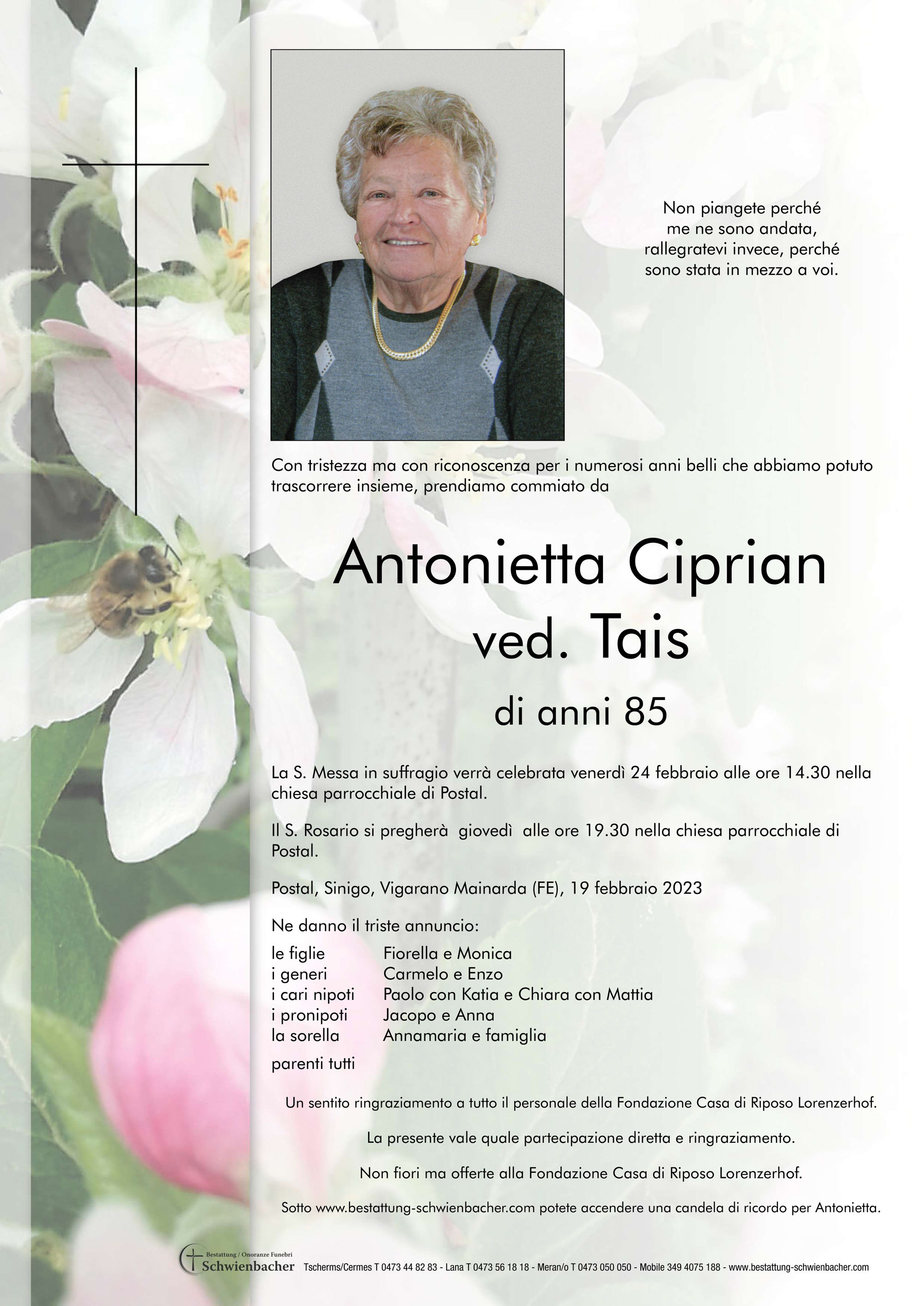 Parte: Antonietta Ciprian ved. Tais 