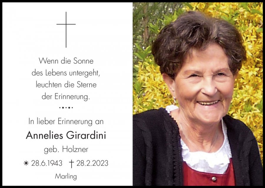 Sterbebild: Annelies Girardini geb. Holzner