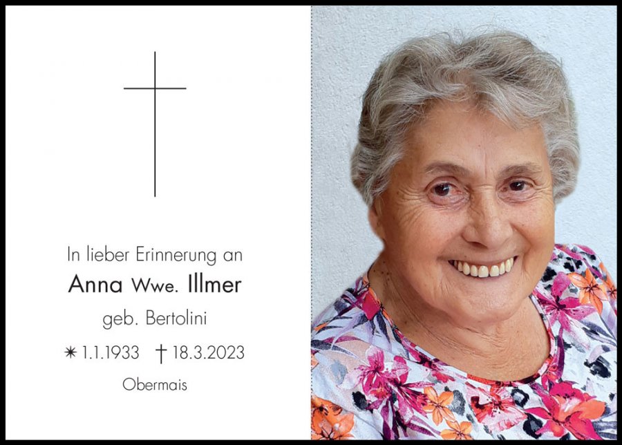Sterbebild: Anna Wwe. Illmer geb. Bertolini