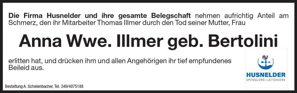 Medien: Anna Wwe. Illmer  geb. Bertolini 