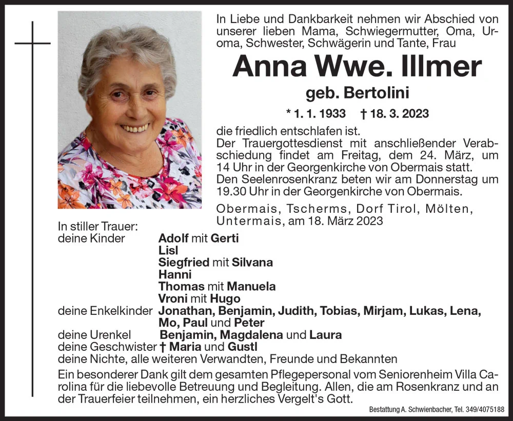 Medien: Anna Wwe. Illmer  geb. Bertolini 