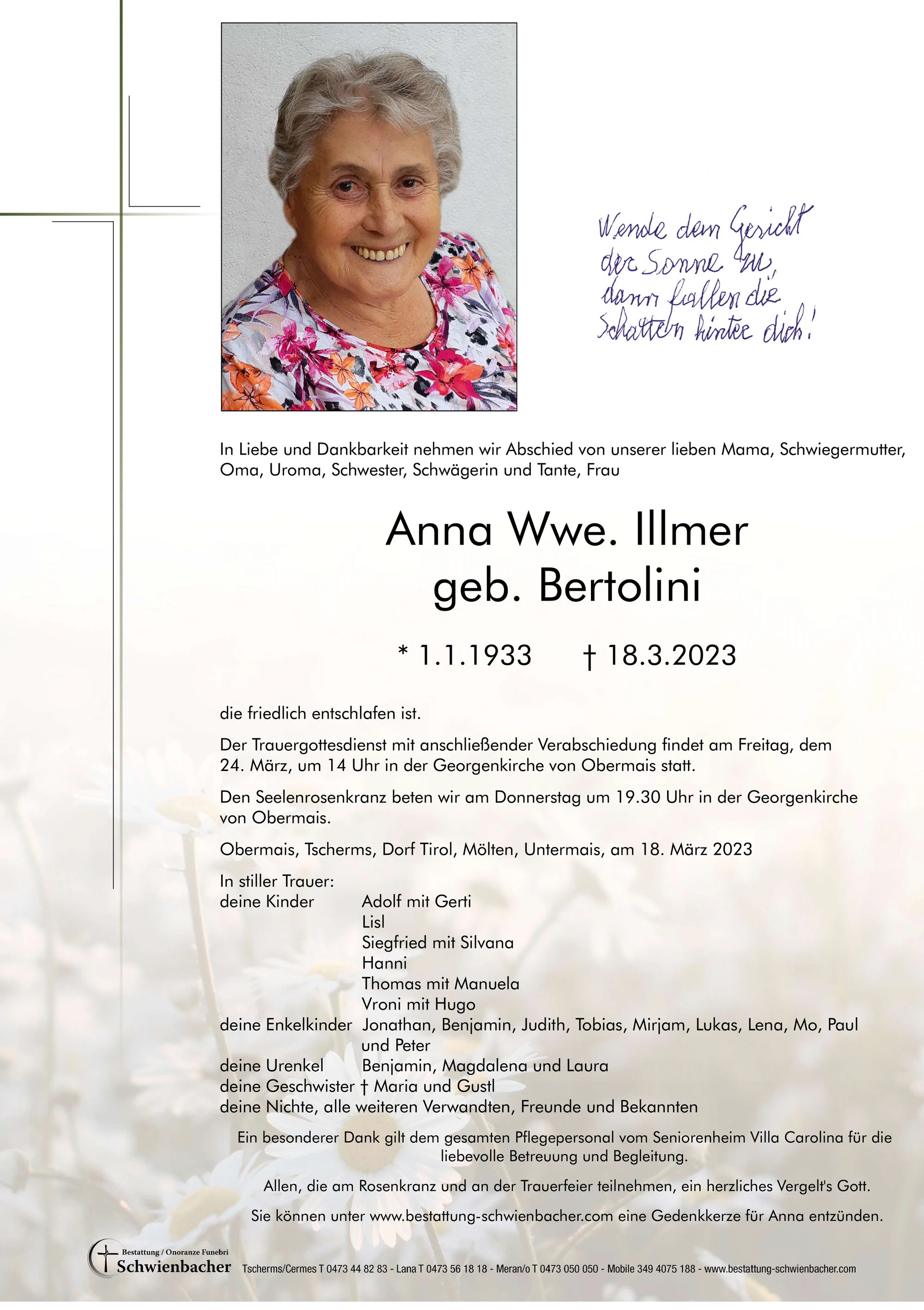 Parte: Anna Wwe. Illmer  geb. Bertolini  