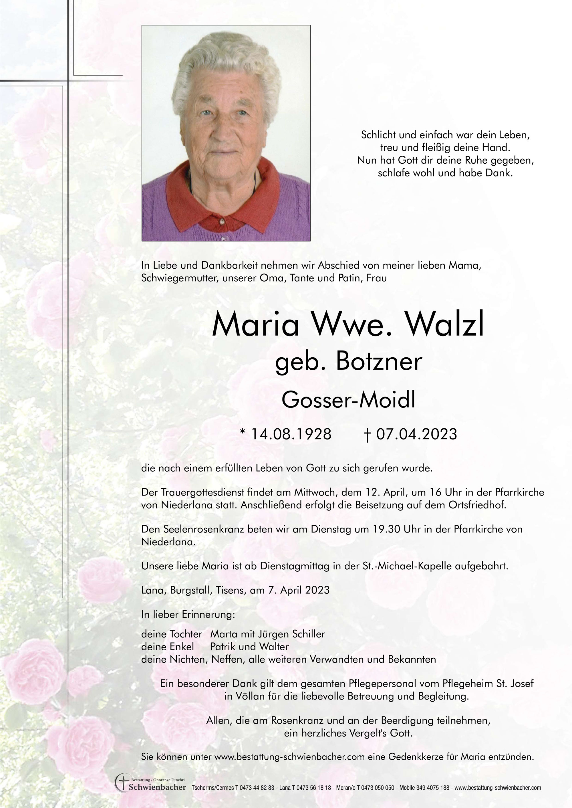 Parte: Maria Wwe. Walzl geb. Botzner 