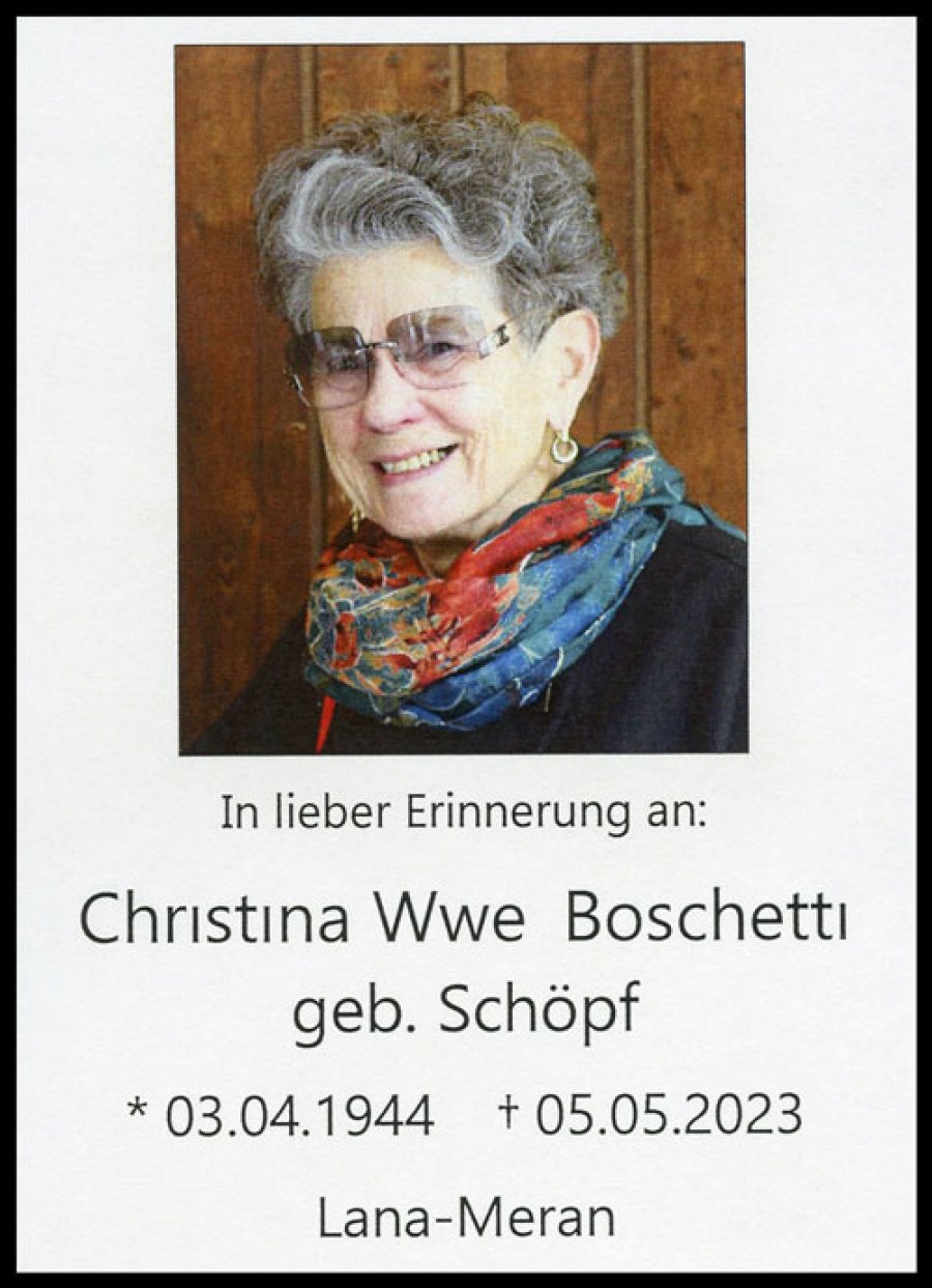 Sterbebild: Christina Wwe. Boschetti geb. Schöpf