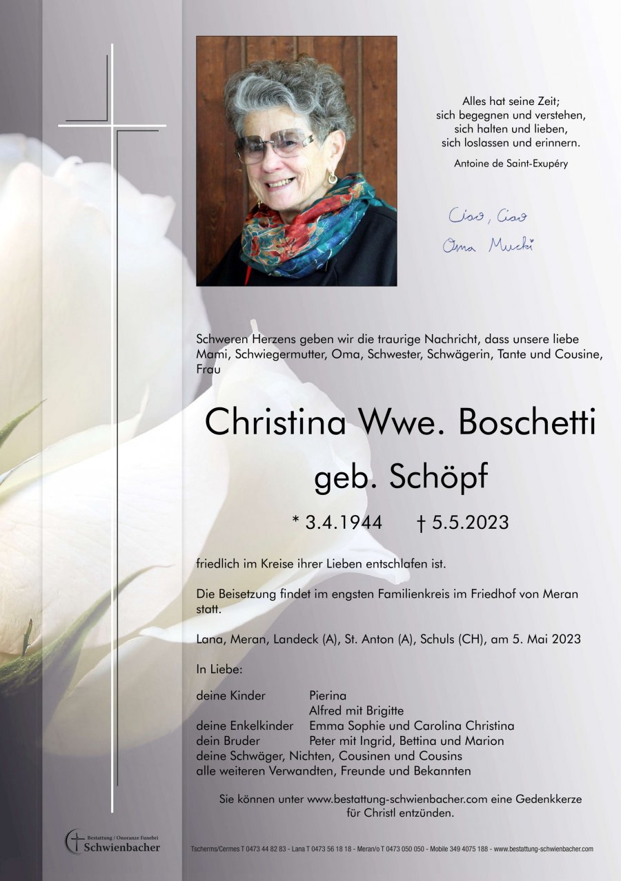 Parte: Christina Wwe. Boschetti geb. Schöpf