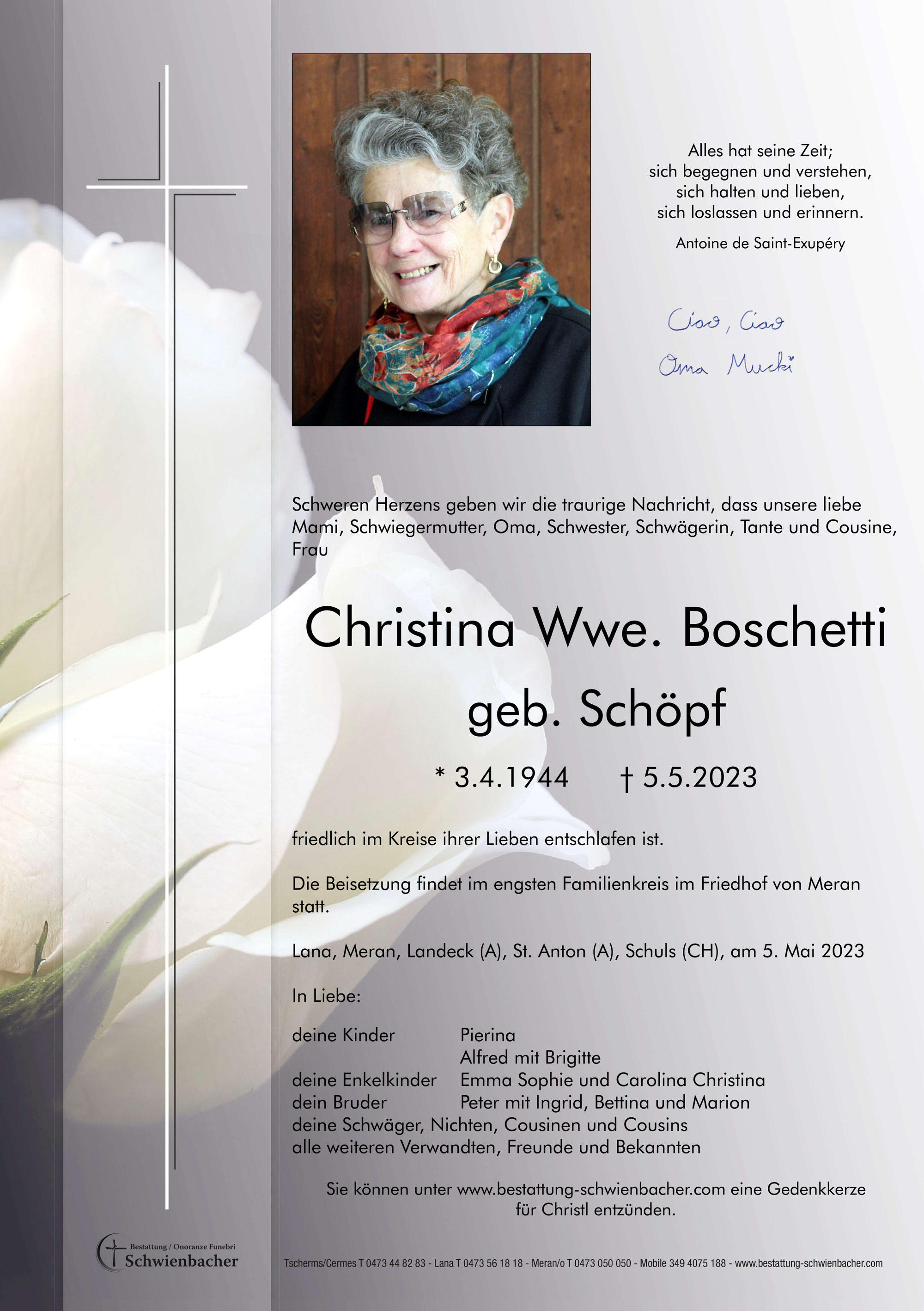 Parte: Christina Wwe. Boschetti geb. Schöpf 