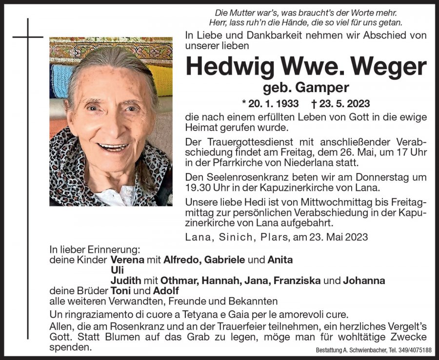 Medien: Hedwig Wwe. Weger geb. Gamper