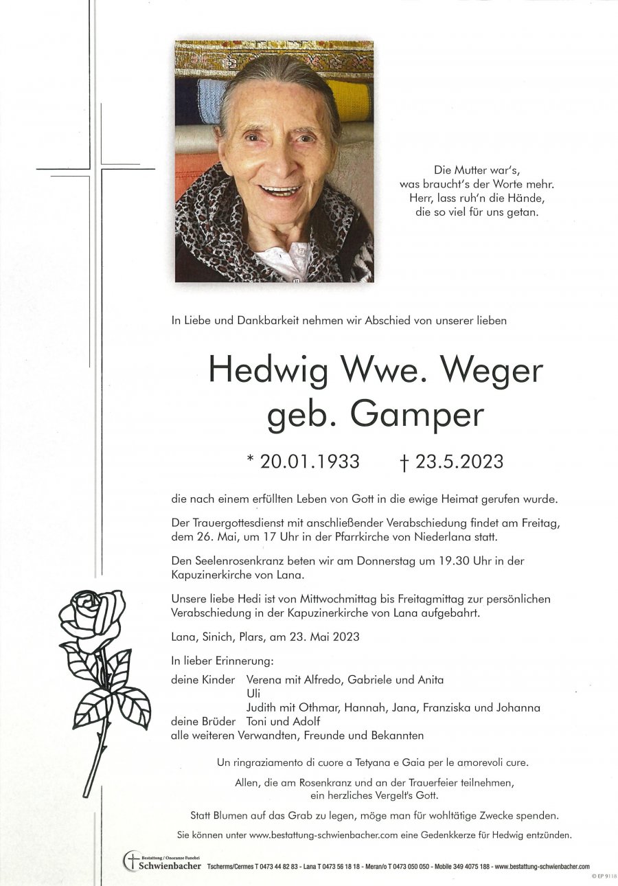 Parte: Hedwig Wwe. Weger geb. Gamper