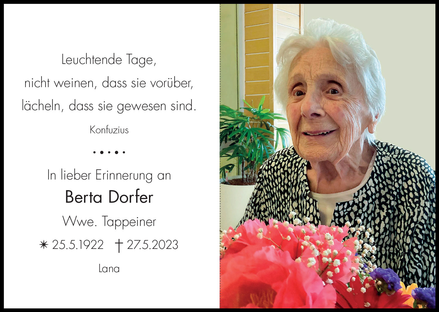 Sterbebild: Berta Dorfer Wwe. Tappeiner