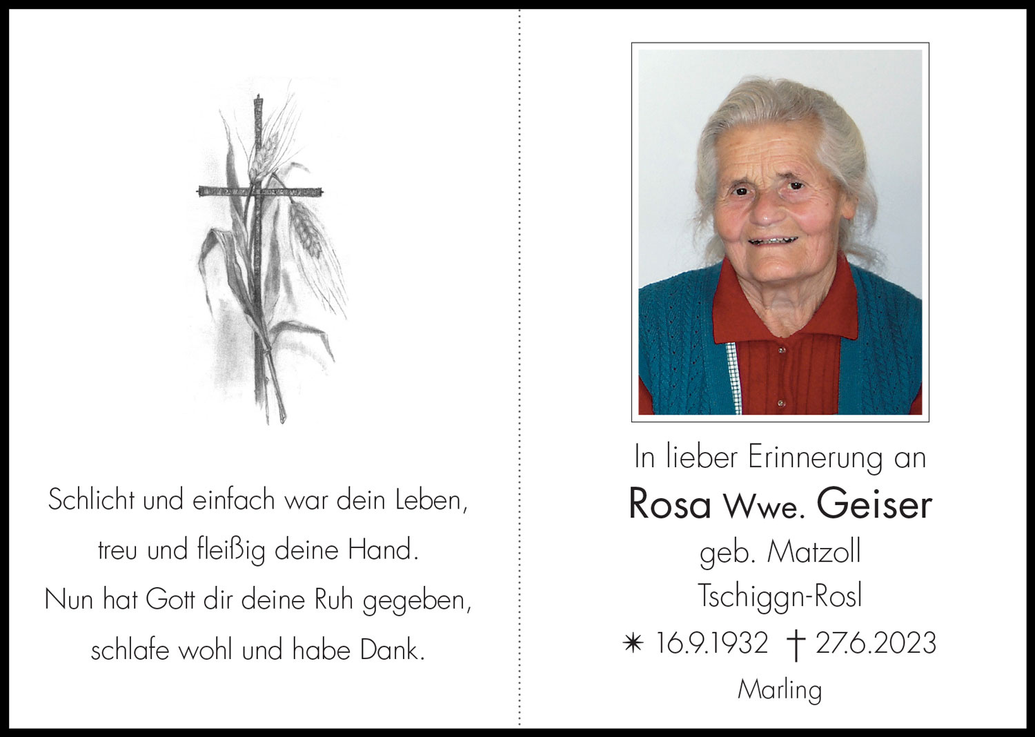 Sterbebild: Rosa Wwe. Geiser  geb. Matzoll