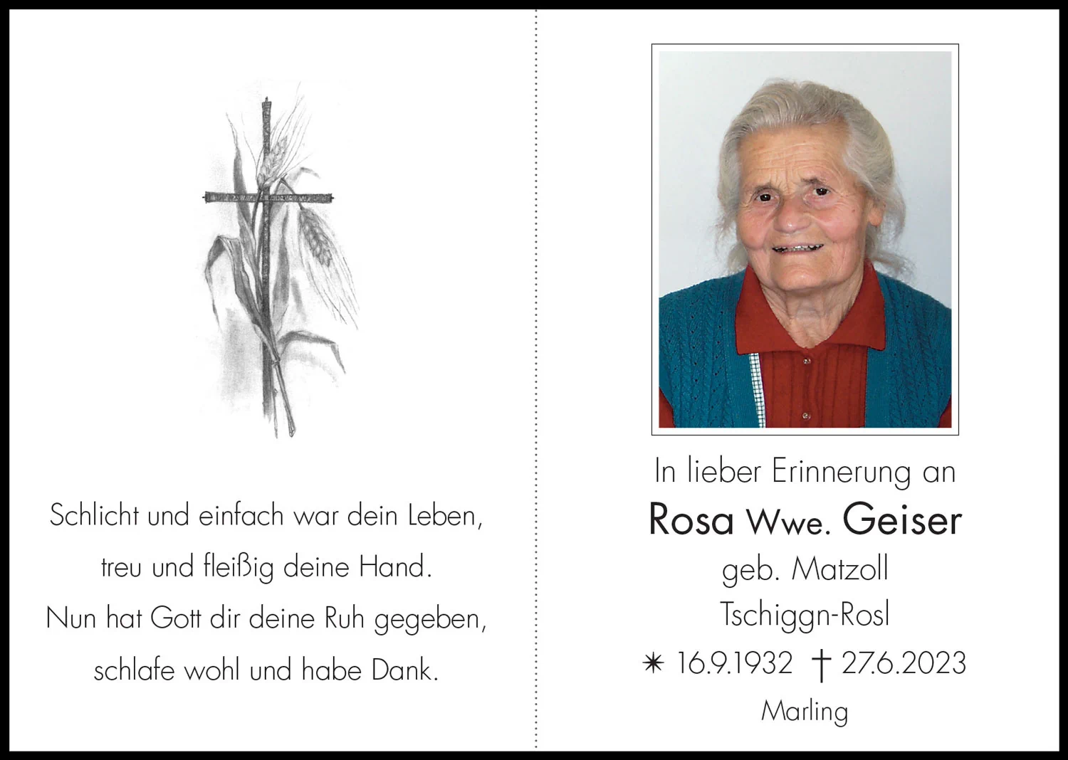 Sterbebild: Rosa Wwe. Geiser  geb. Matzoll