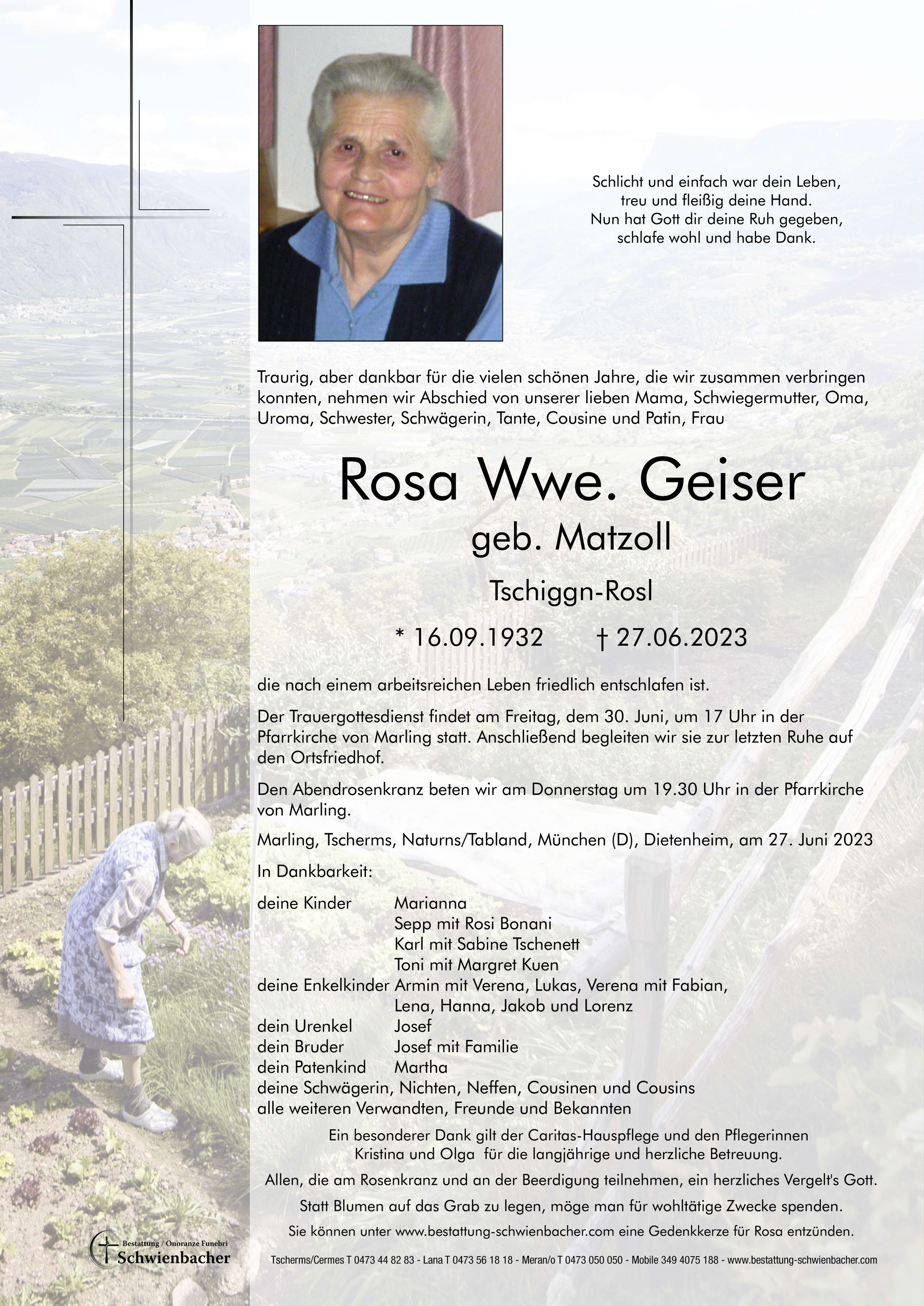 Parte: Rosa Wwe. Geiser  geb. Matzoll 