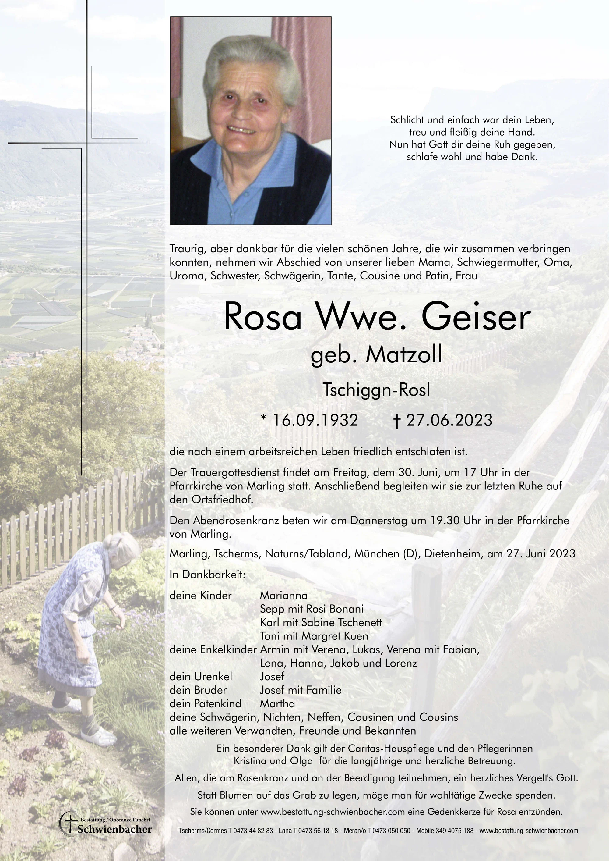 Parte: Rosa Wwe. Geiser  geb. Matzoll 