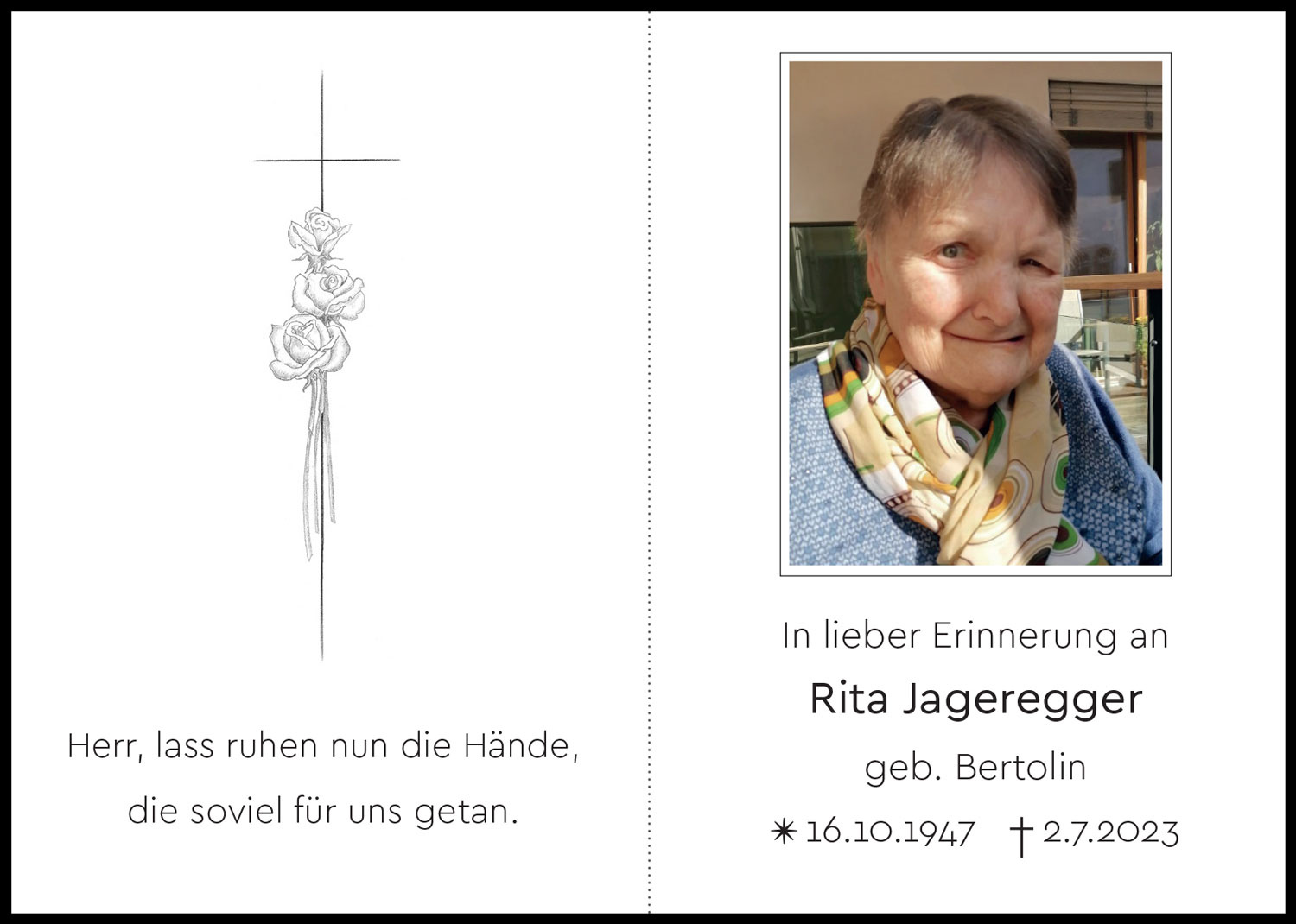 Sterbebild: Rita Jageregger geb. Bertolin