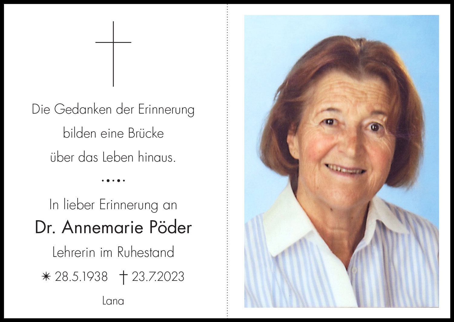 Sterbebild: Dr. Annemarie Pöder