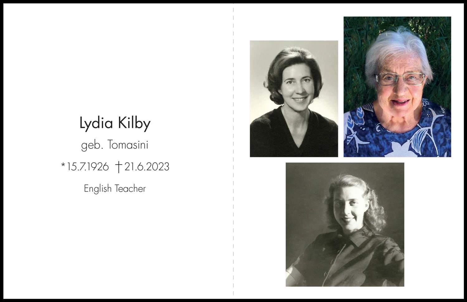Sterbebild: Lydia Kilby geb. Tomasini